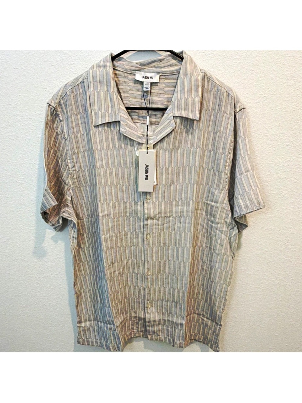 Jason Wu Beige and Light Gray Short-Sleeve Camp Collar Button-Up Shirt